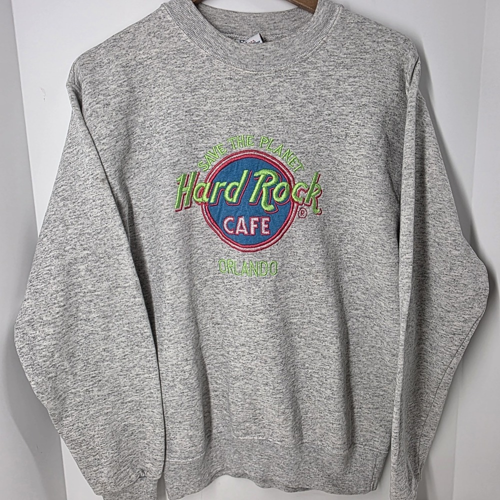 VTG 90s Hard Rock Cafe ORLANDO Save Planet Embroidered Gray Sweatshirt LARGE L